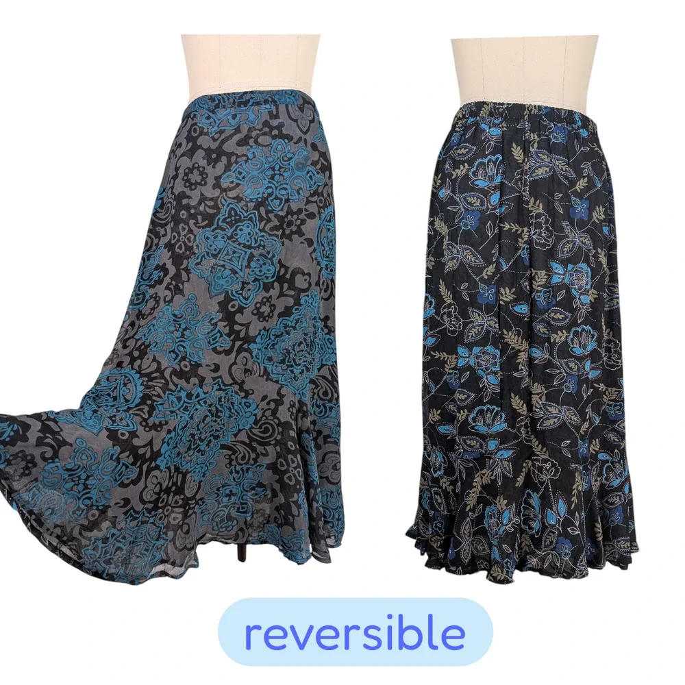 Floral Maxi Skirt M Black Multi Reversible Y2K Whimsigoth Pull On Witchy Dark